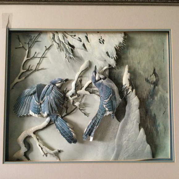 Vintage 3D paper art Decoupage Basil Edie framed home decor blue birds damaged - Picture 2 of 4